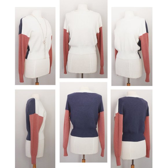 NEW Comune Bonnie Pink Indigo Ivory Colorblock Rib Knit Crew Neck Sweater $88 - Picture 11 of 13